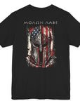 rear view black color fabric tee with americantees.us logo on front with spartan helmet covered with american flag and motto molon labe patriotic shirt