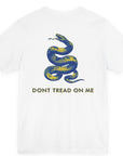 rear view of a white colored fabric shirt with americantees.us logo on front and a Gadsden flag on the back