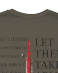 rear view closeup of army green color fabric patriotic shirt with americantees.us logo on front and Thomas Jefferson quote on back.