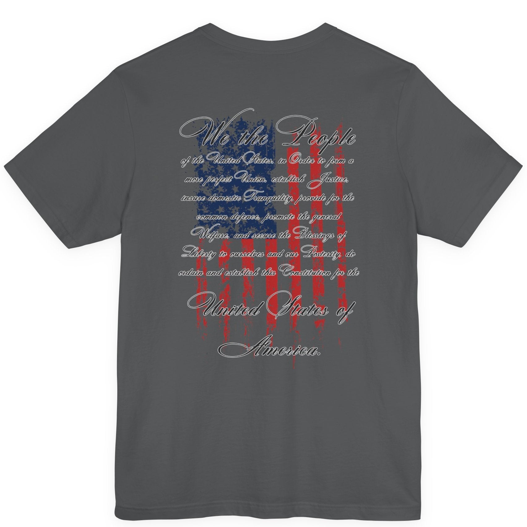 rear view of asphalt colored fabric patriotic shirt with American flag background and the preamble of the united states constitution on the back pf shirt, front of shirt has americantees.us logo