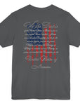 rear view of asphalt colored fabric patriotic shirt with American flag background and the preamble of the united states constitution on the back pf shirt, front of shirt has americantees.us logo