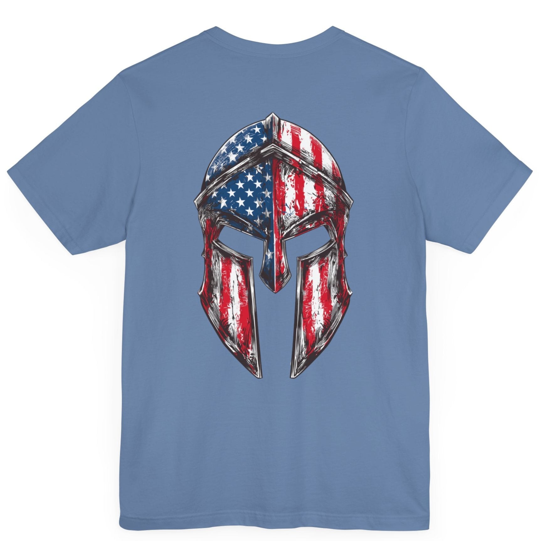 patriotic shirt, Spartan Spirit Patriotic T-Shirt with American Flag Design, lavender blue color shirt, back side