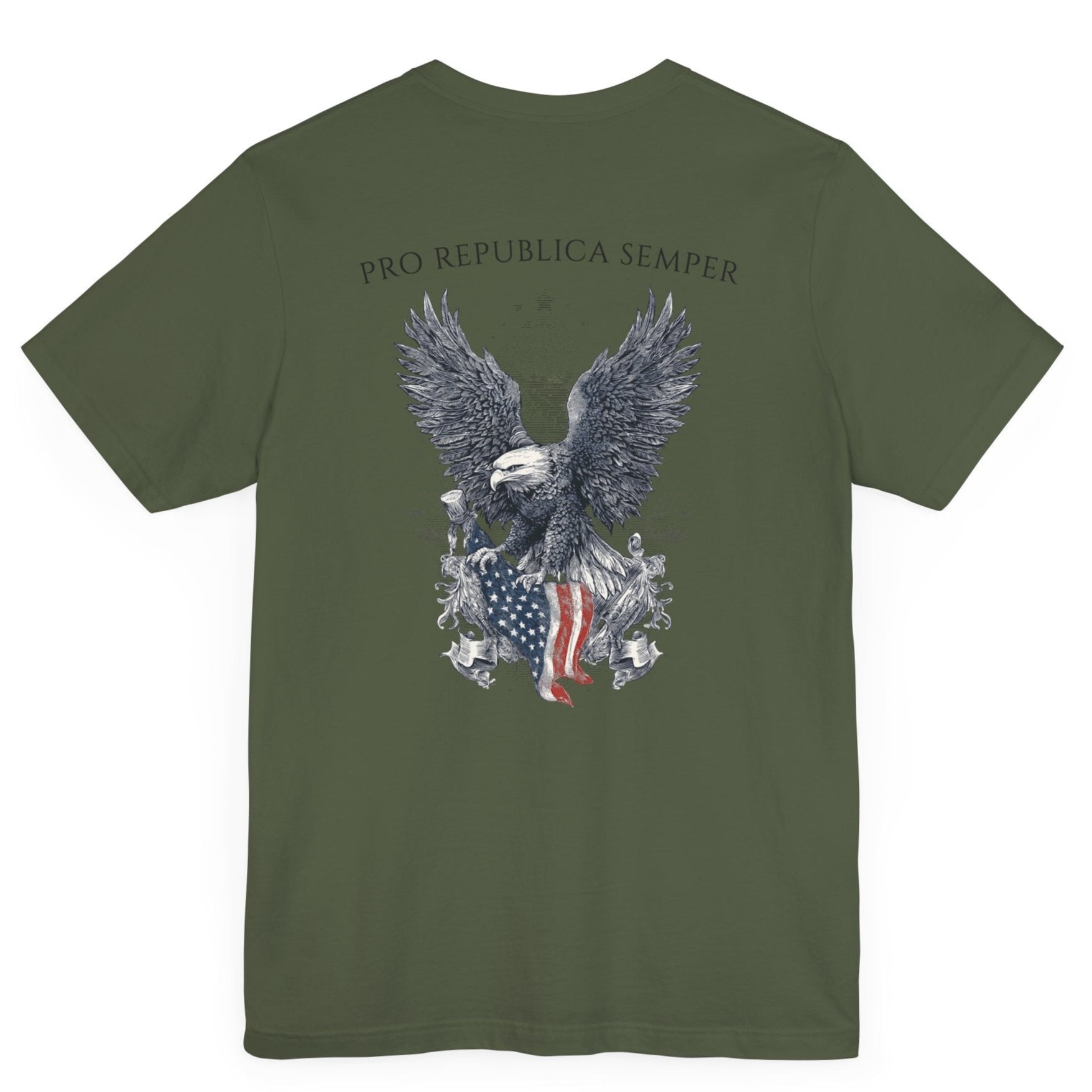 Patriotic Shirts Pro Libertas Semper Flag Eagle Tee, military green, back side, featuring a bold eagle clutching an American flag with scrollwork on a unisex 100% cotton shirt, ideal for American pride