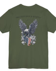 Patriotic Shirts Pro Libertas Semper Flag Eagle Tee, military green, back side, featuring a bold eagle clutching an American flag with scrollwork on a unisex 100% cotton shirt, ideal for American pride