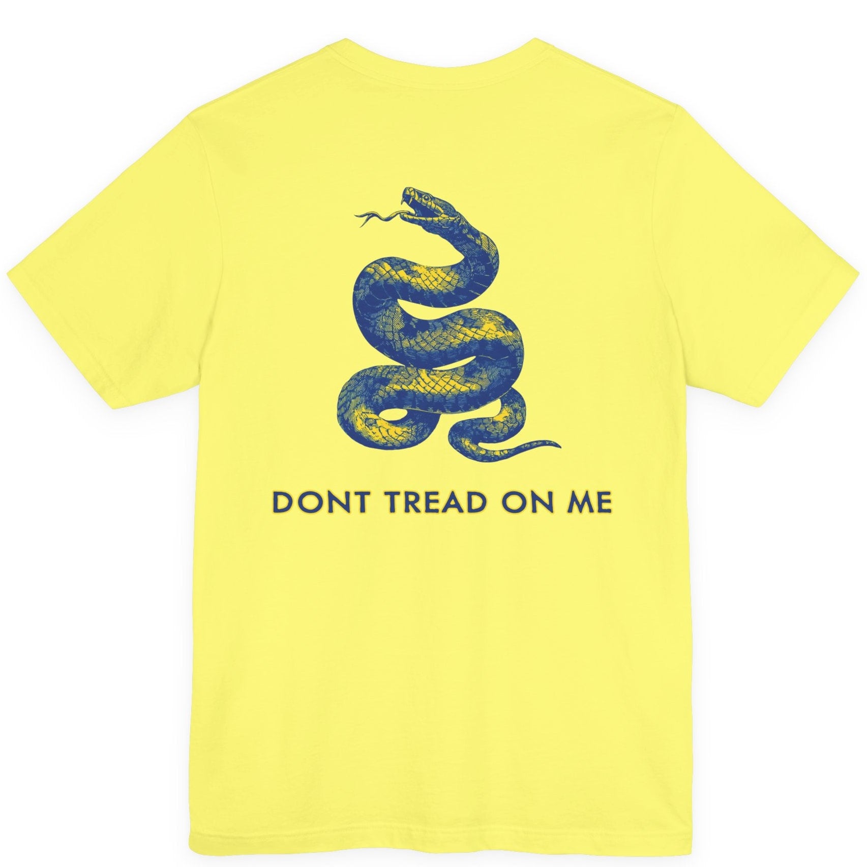 rear view of a yellow colored fabric shirt with americantees.us logo on front and a Gadsden flag on the back