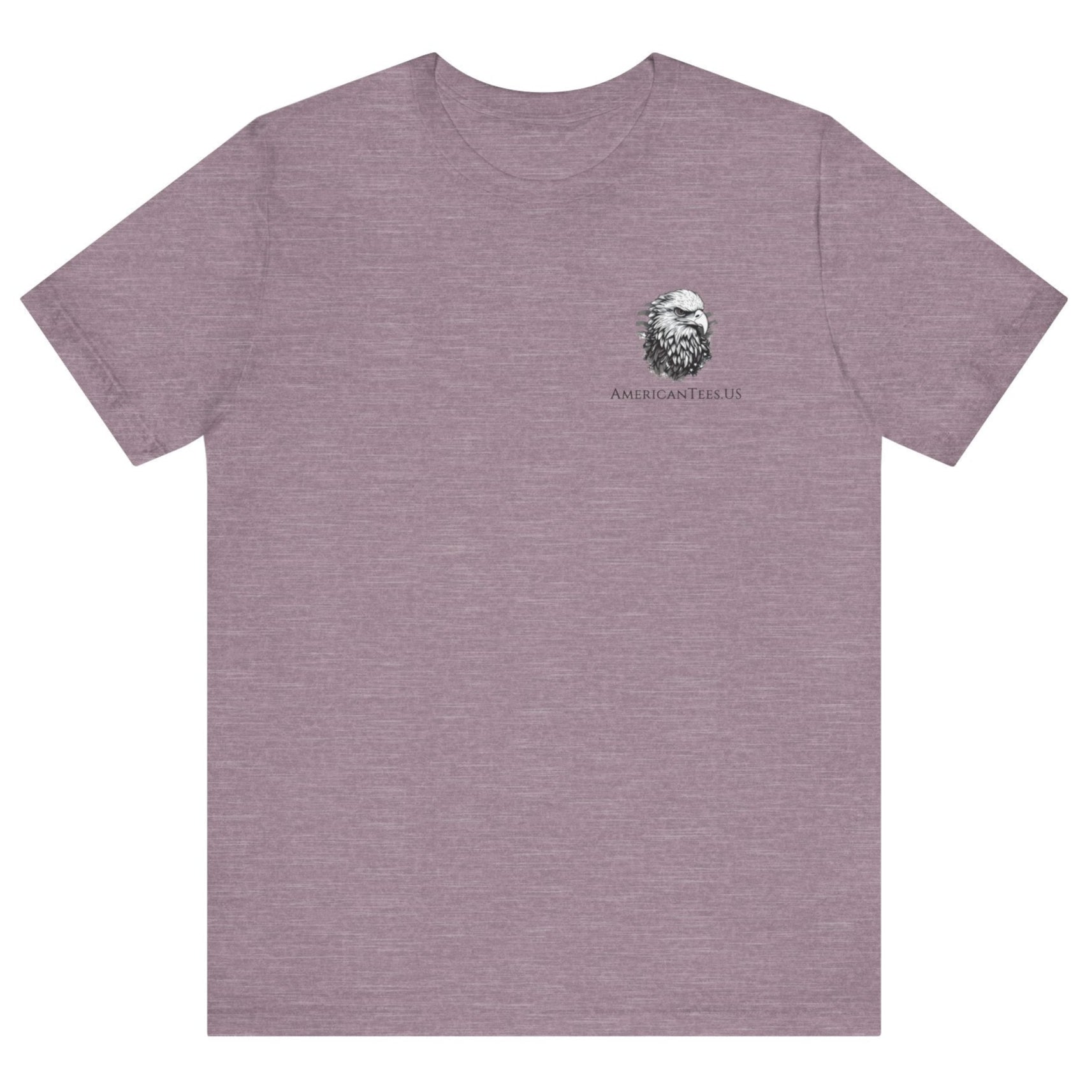 Patriotic Shirts Libertas Semper Eagle Flag Tee flat lay, heather purple featuring an eagle and American flag with scrollwork on a unisex 100% cotton shirt, ideal for American pride