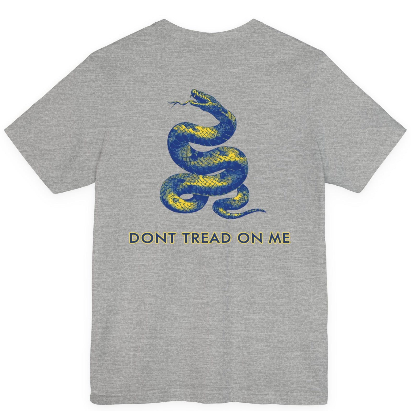 rear view of a athletic heather colored fabric shirt with americantees.us logo on front and a Gadsden flag on the back