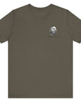front view of a army green colored fabric patriotic shirt with an americantees.us logo on front and the great seal of the united states on the back