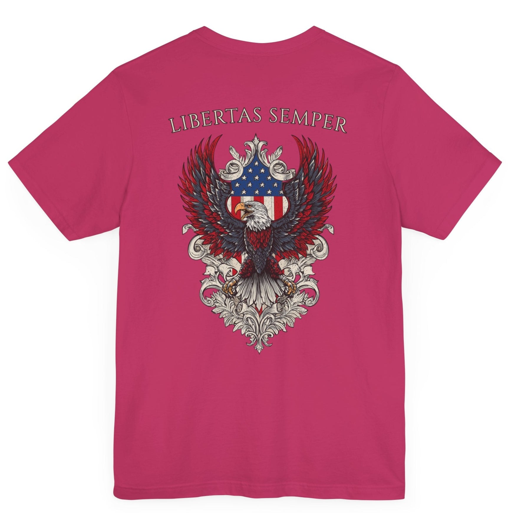 Patriotic Shirts Libertas Semper Eagle Flag Tee flat lay, berry color back view featuring an eagle and American flag with scrollwork on a unisex 100% cotton shirt, ideal for American pride