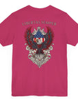 Patriotic Shirts Libertas Semper Eagle Flag Tee flat lay, berry color back view featuring an eagle and American flag with scrollwork on a unisex 100% cotton shirt, ideal for American pride