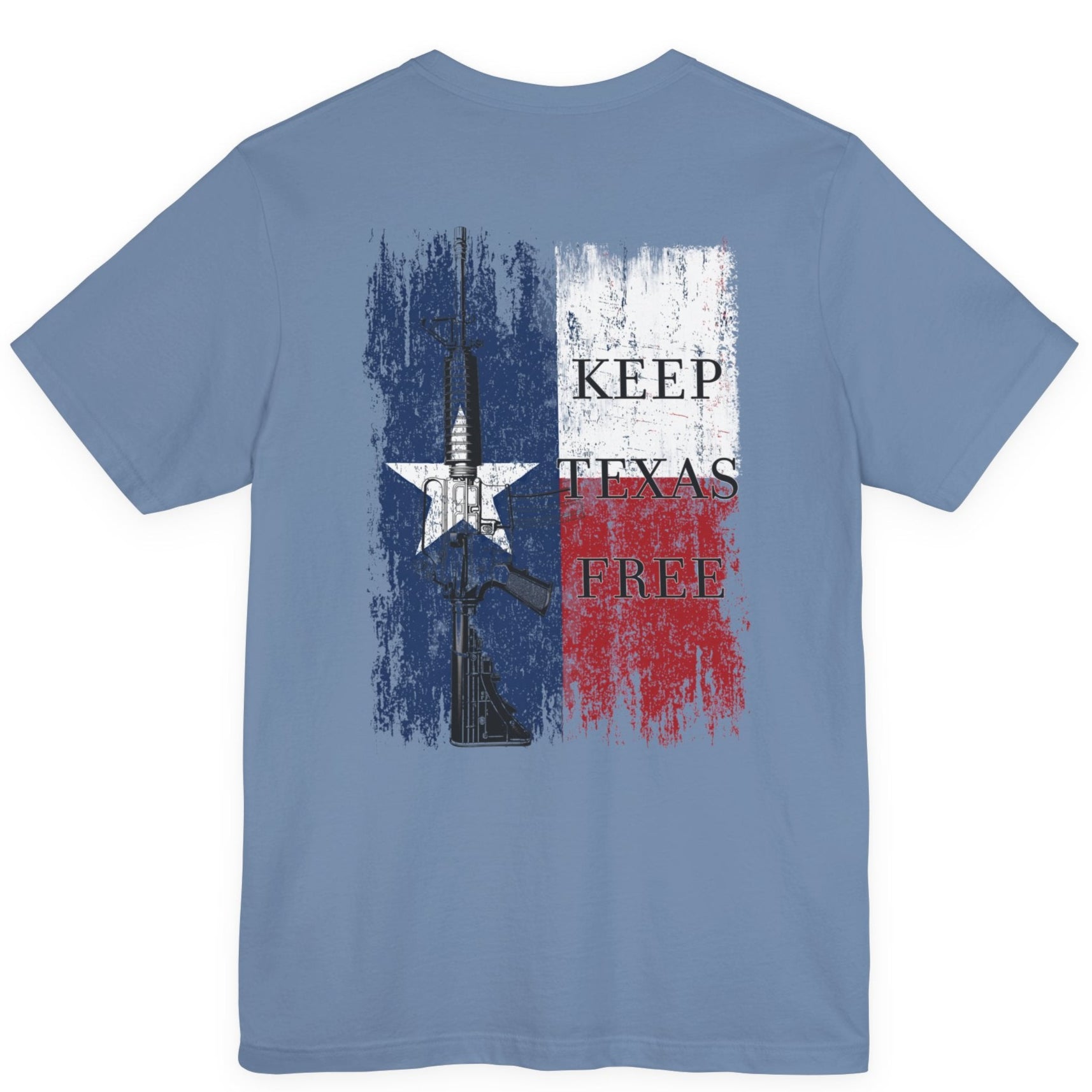 rear view of steel blue colored fabric shirt with americantees.us logo on front and Texas flag with rifle and Keep Texas Free writing on back