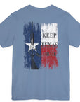 rear view of steel blue colored fabric shirt with americantees.us logo on front and Texas flag with rifle and Keep Texas Free writing on back