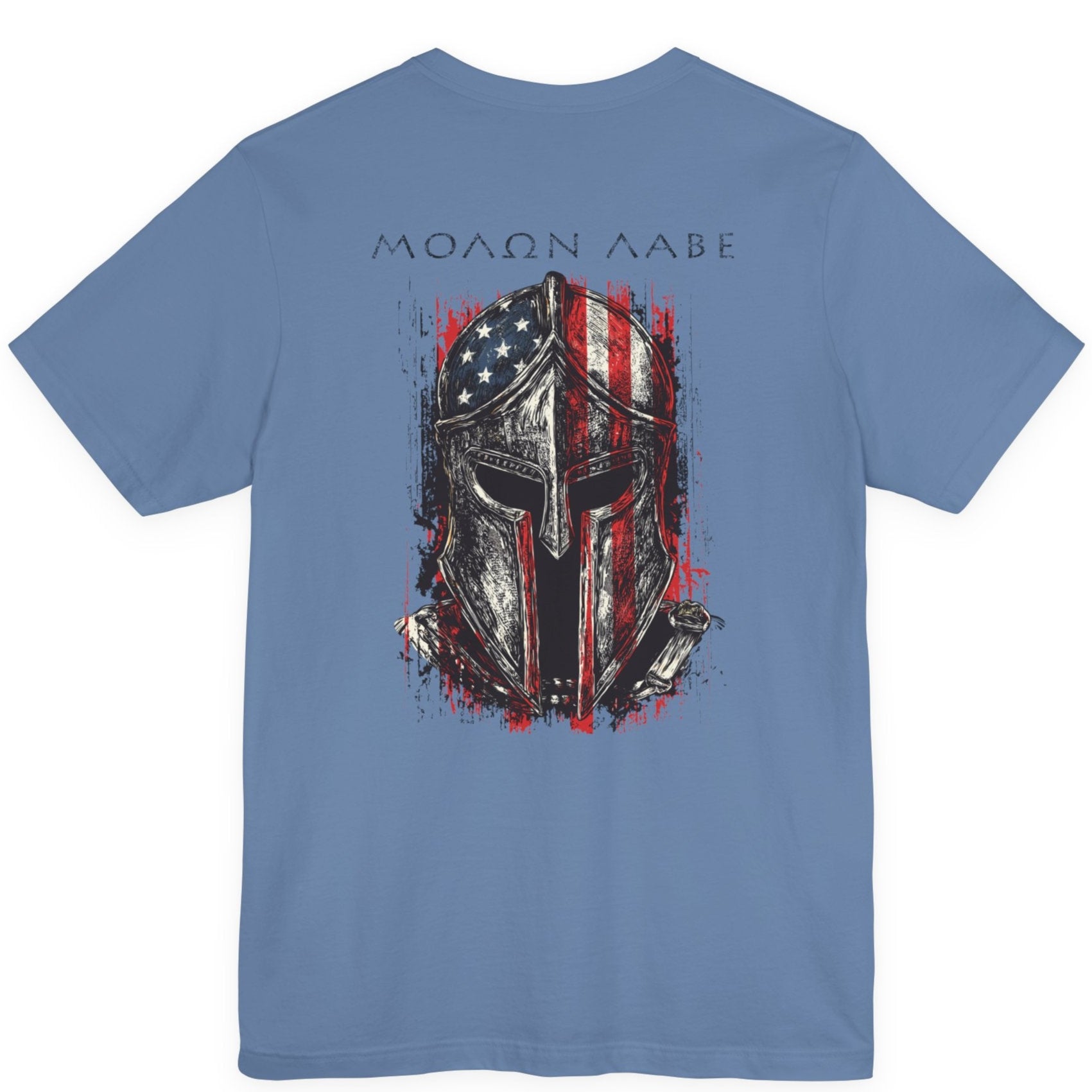 rear view lavender blue color fabric tee with americantees.us logo on front with spartan helmet covered with american flag and motto molon labe patriotic shirt