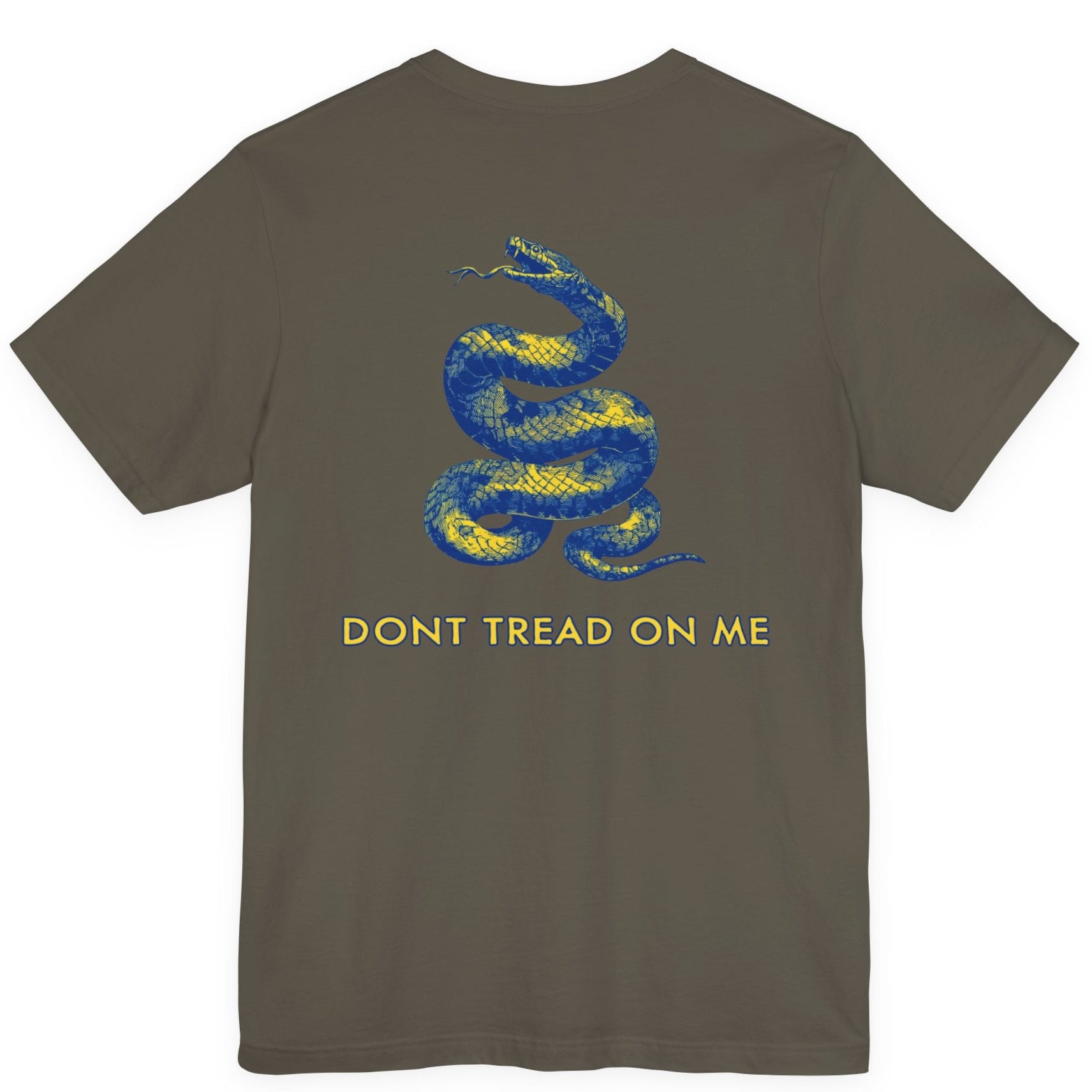 rear view of a army green colored fabric shirt with americantees.us logo on front and a Gadsden flag on the back