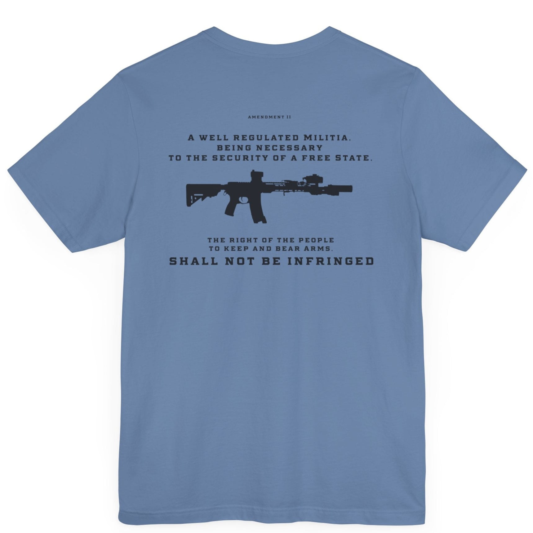 Second Amendment Patriotic Shirt with Rifle and Text Design, bill of rights, lavender blue colored shirt, rear view
