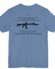 Second Amendment Patriotic Shirt with Rifle and Text Design, bill of rights, lavender blue colored shirt, rear view