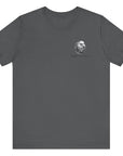 front view of a patriotic asphalt colored fabric shirt with americantees.us logo on front and 2A on the back with stacked rifles forming the A