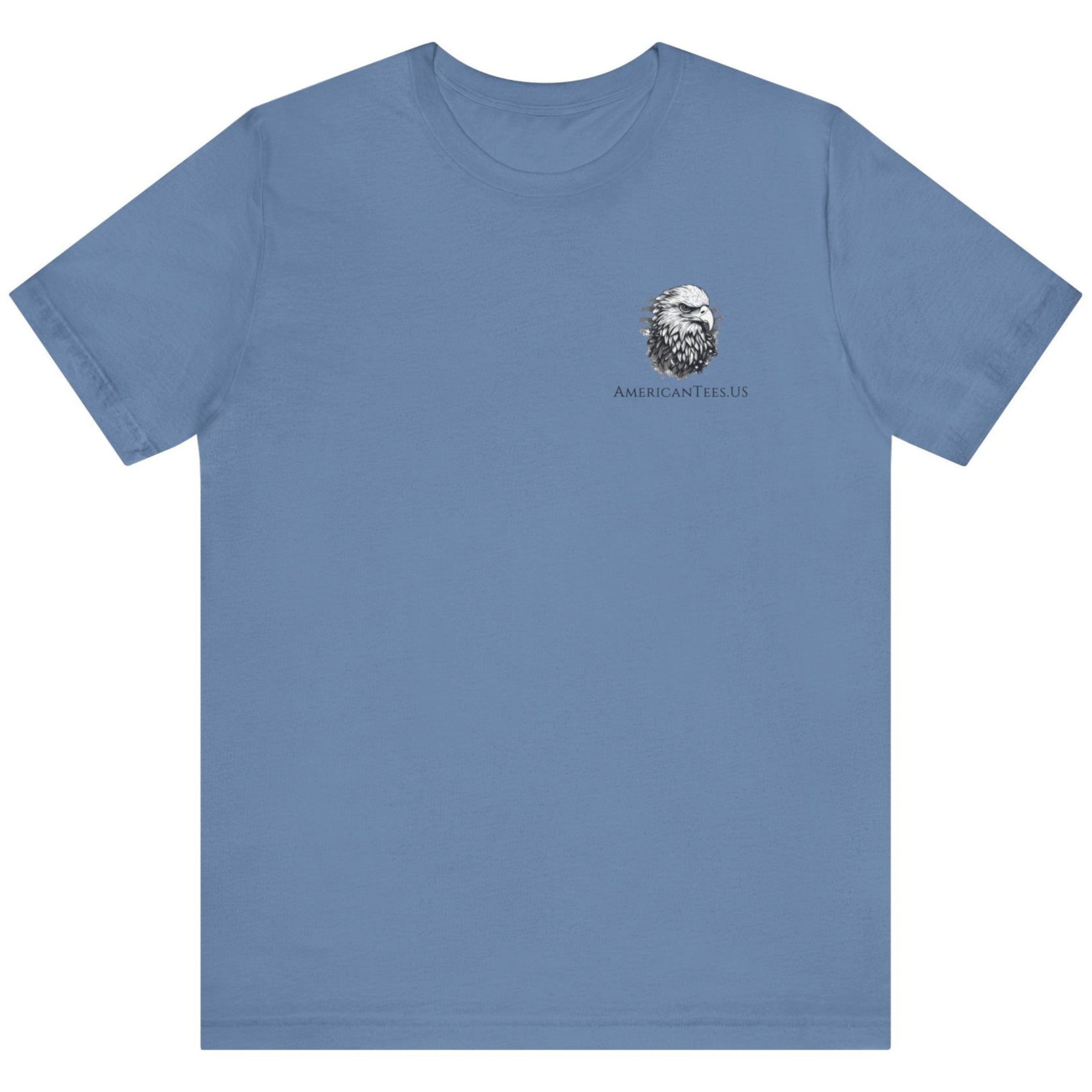 front view of a lavender blue colored fabric patriotic shirt with americantees.us logo on front and American flag in shape of a Christian cross with pledge of allegiance surrounding image on back