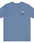 front view of a lavender blue colored fabric patriotic shirt with americantees.us logo on front and American flag in shape of a Christian cross with pledge of allegiance surrounding image on back