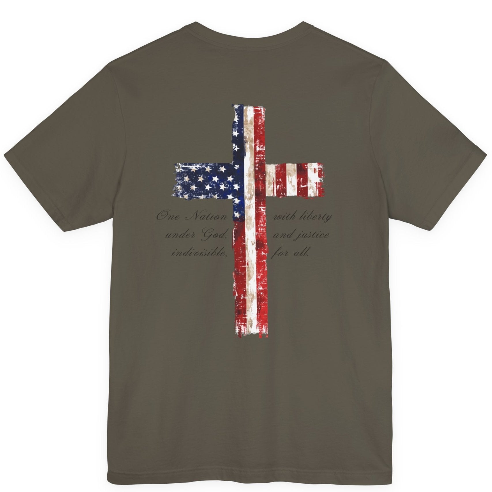 rear view of an army green colored fabric patriotic shirt with americantees.us logo on front and American flag in shape of a Christian cross with pledge of allegiance surrounding image on back