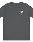 patriotic shirt front view asphalt color fabric logo on front graphic on back with minuteman soldier and phrase rebellion is our heritage, American t-shirt