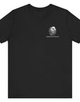 front view of black color fabric patriotic shirt with americantees.us logo on front and Thomas Jefferson quote on back.