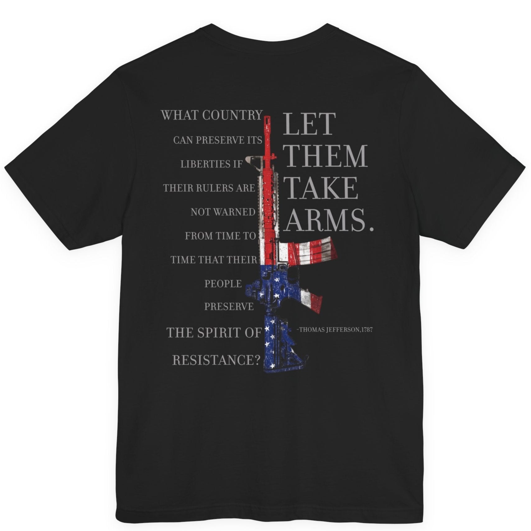 rear view of black color fabric patriotic shirt with americantees.us logo on front and Thomas Jefferson quote on back.