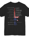rear view of black color fabric patriotic shirt with americantees.us logo on front and Thomas Jefferson quote on back.