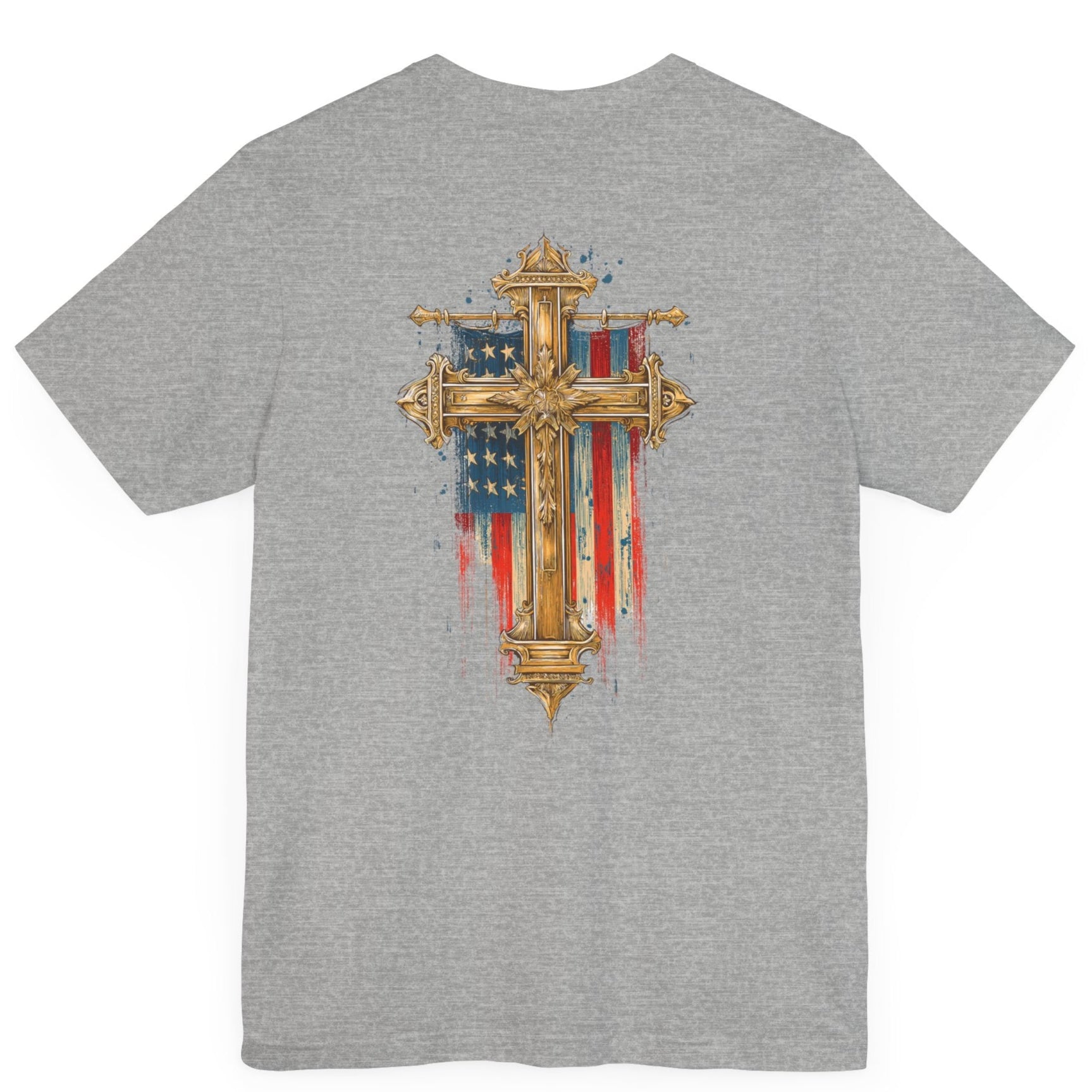 Cross of Faith Patriotic Shirt with Cross Flag Design, American Flag, athletic heather colored shirt, rear view