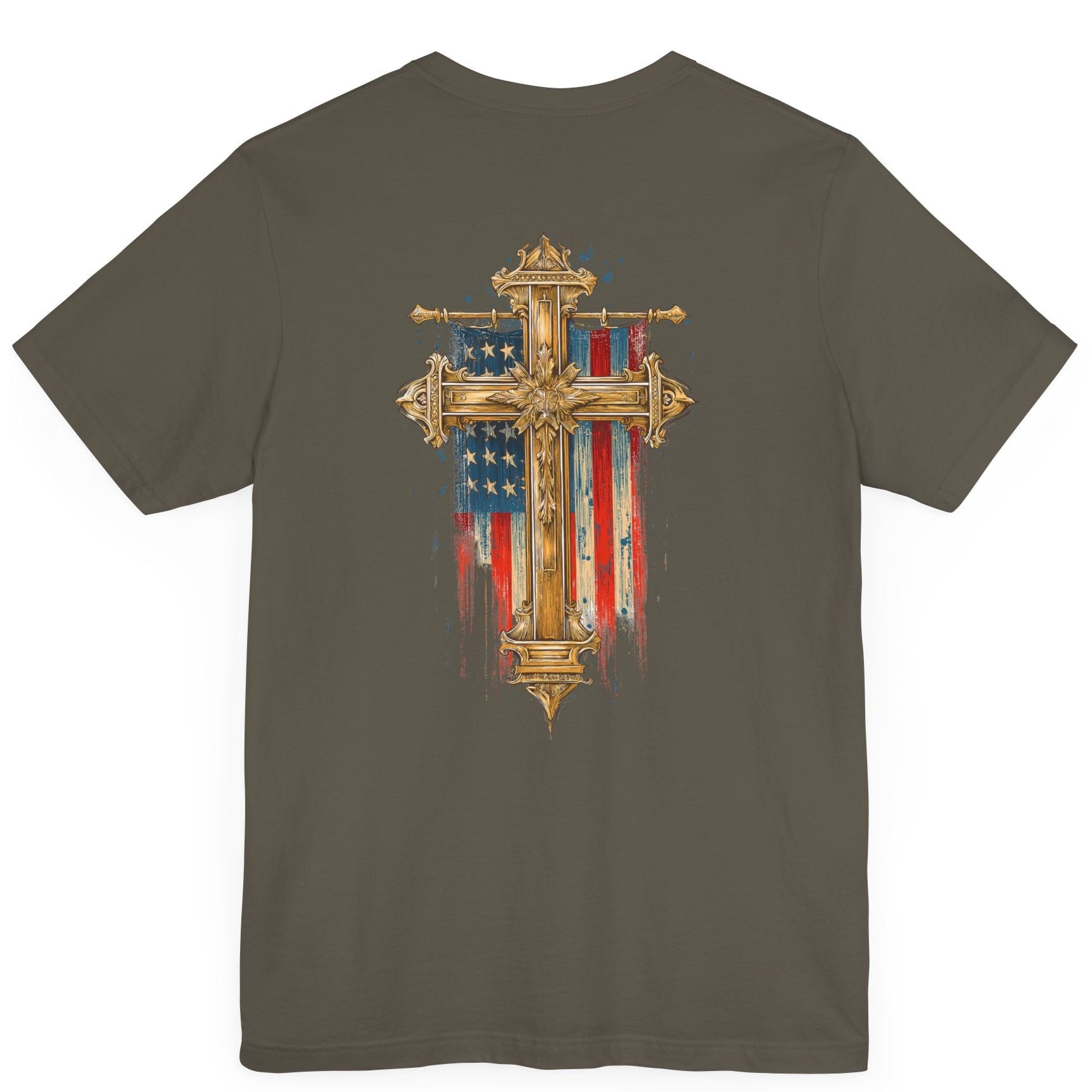 Cross of Faith Patriotic Shirt with Cross Flag Design, American Flag, army green colored shirt, rear view