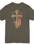 Cross of Faith Patriotic Shirt with Cross Flag Design, American Flag, army green colored shirt, rear view