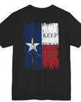 rear view of black colored fabric shirt with americantees.us logo on front and Texas flag with rifle and Keep Texas Free writing on back