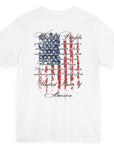 rear view of white colored fabric patriotic shirt with American flag background and the preamble of the united states constitution on the back pf shirt, front of shirt has americantees.us logo
