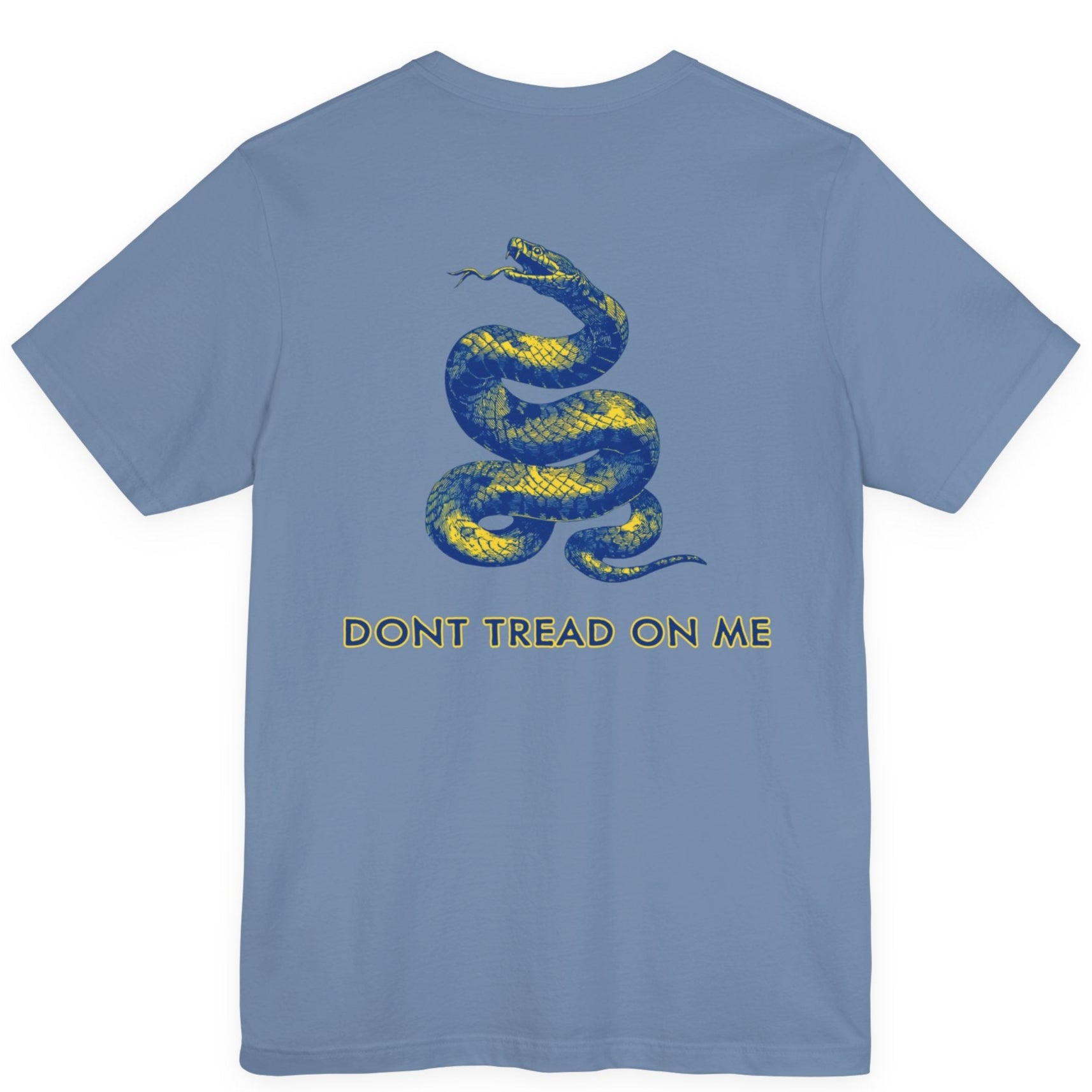 rear view of a steel blue colored fabric shirt with americantees.us logo on front and a Gadsden flag on the back