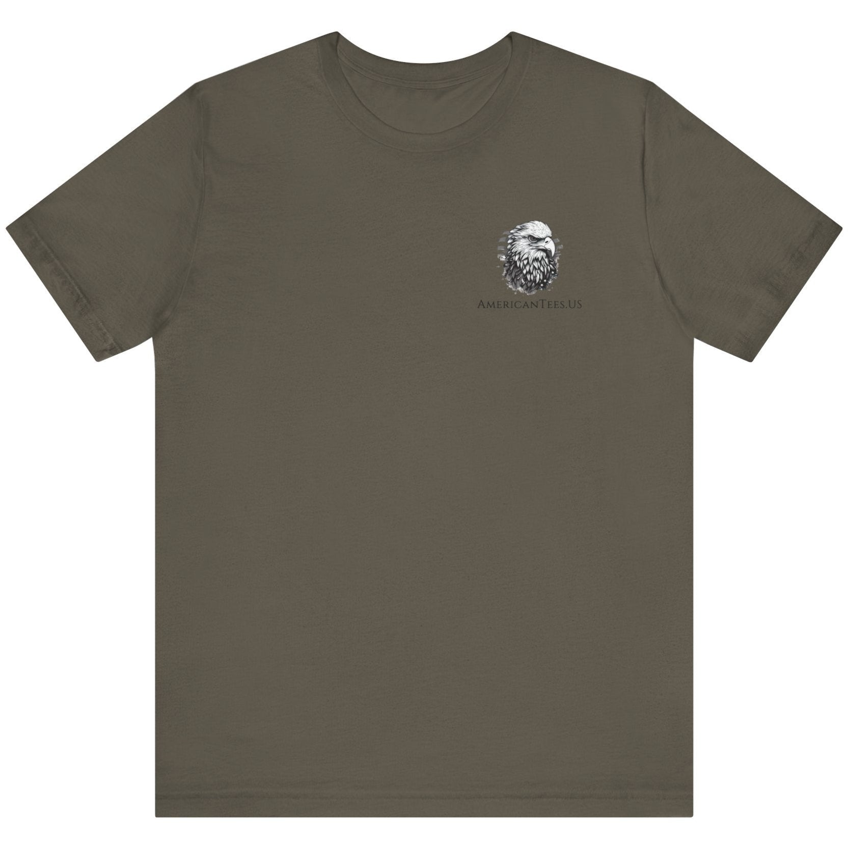 front view army green color fabric tee with americantees.us logo on front with spartan helmet covered with american flag and motto molon labe patriotic shirt