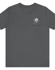 front view of a asphalt colored fabric shirt with americantees.us logo on front and a Gadsden flag on the back