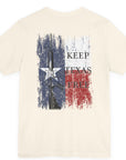 rear view of natural colored fabric shirt with americantees.us logo on front and Texas flag with rifle and Keep Texas Free writing on back