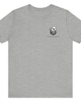 front view of a athletic heather colored fabric shirt with americantees.us logo on front and betsy ross flag with the phrase give me liberty or give me death and 1776 on the back