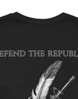 back closeup view of an black colored t-shirt with a graphic design of a rifle crossed with a quill fountain pen and an American flag ribbon, with the quote Defend the Republic by law or by force. Patriotic Shirts. logo design on front.
