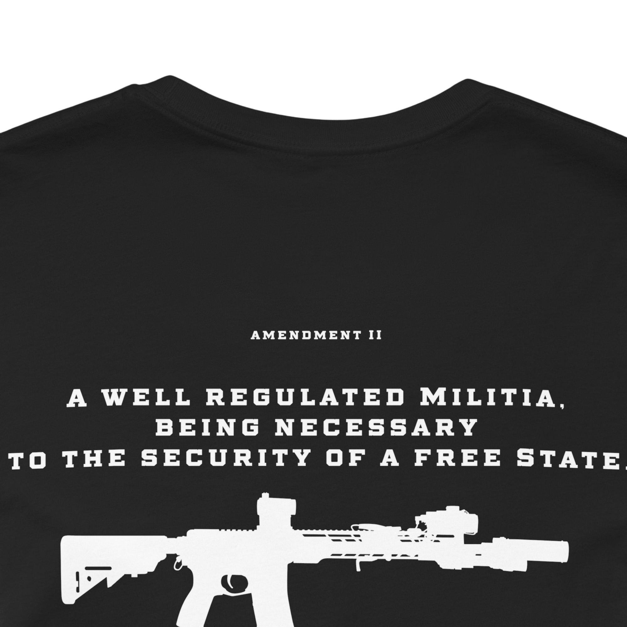 Second Amendment Patriotic Shirt with Rifle and Text Design, bill of rights, black colored shirt, rear view closeup