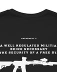 Second Amendment Patriotic Shirt with Rifle and Text Design, bill of rights, black colored shirt, rear view closeup