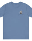 patriotic shirt front view lavender blue color fabric tee logo with eagle on front, american flag on shield with scrollwork, Domus Fortium, home of the brave motto