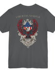 Patriotic Shirts Libertas Semper Eagle Flag Tee flat lay, asphalt color back view featuring an eagle and American flag with scrollwork on a unisex 100% cotton shirt, ideal for American pride