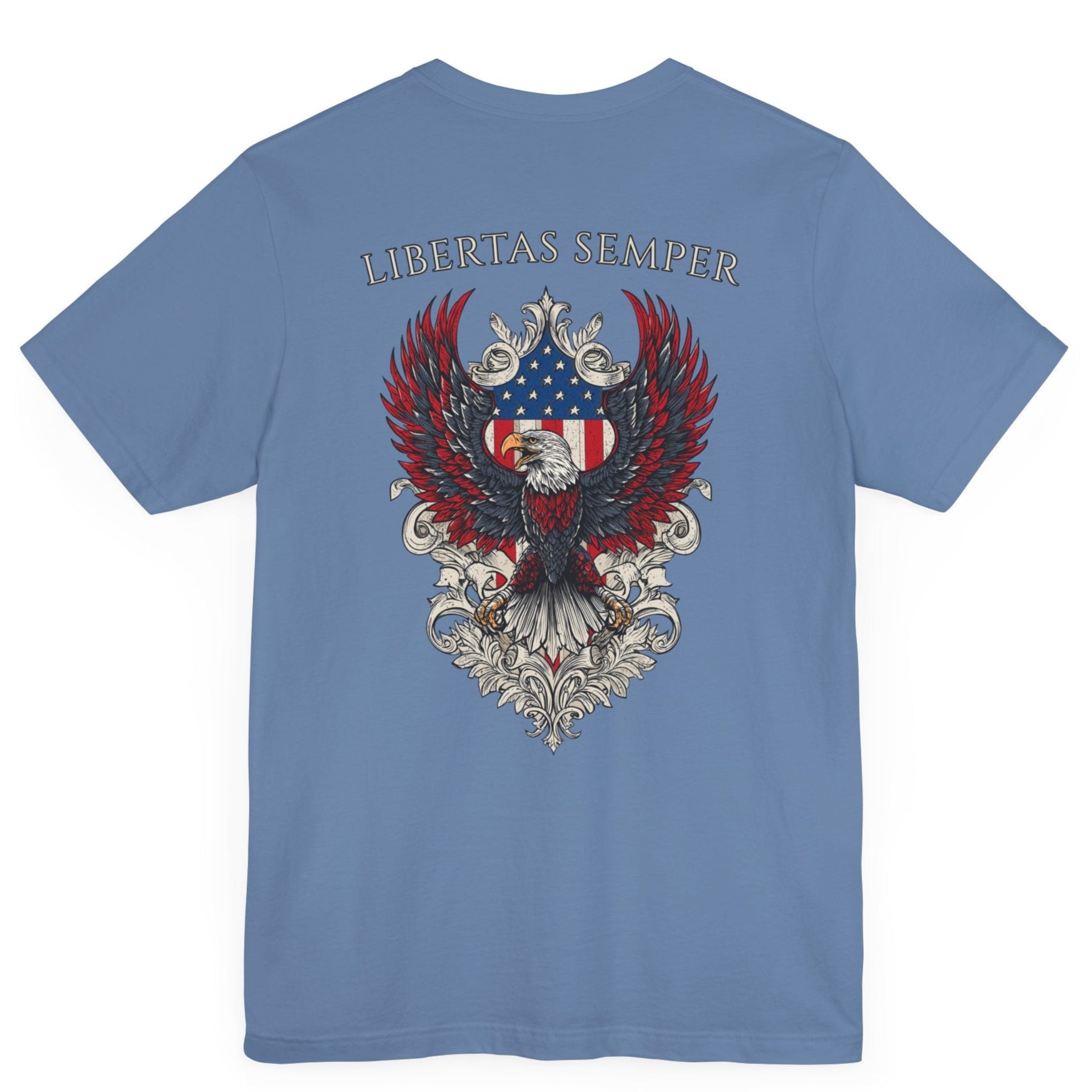 Patriotic Shirts Libertas Semper Eagle Flag Tee flat lay, lavender blue back view featuring an eagle and American flag with scrollwork on a unisex 100% cotton shirt, ideal for American pride