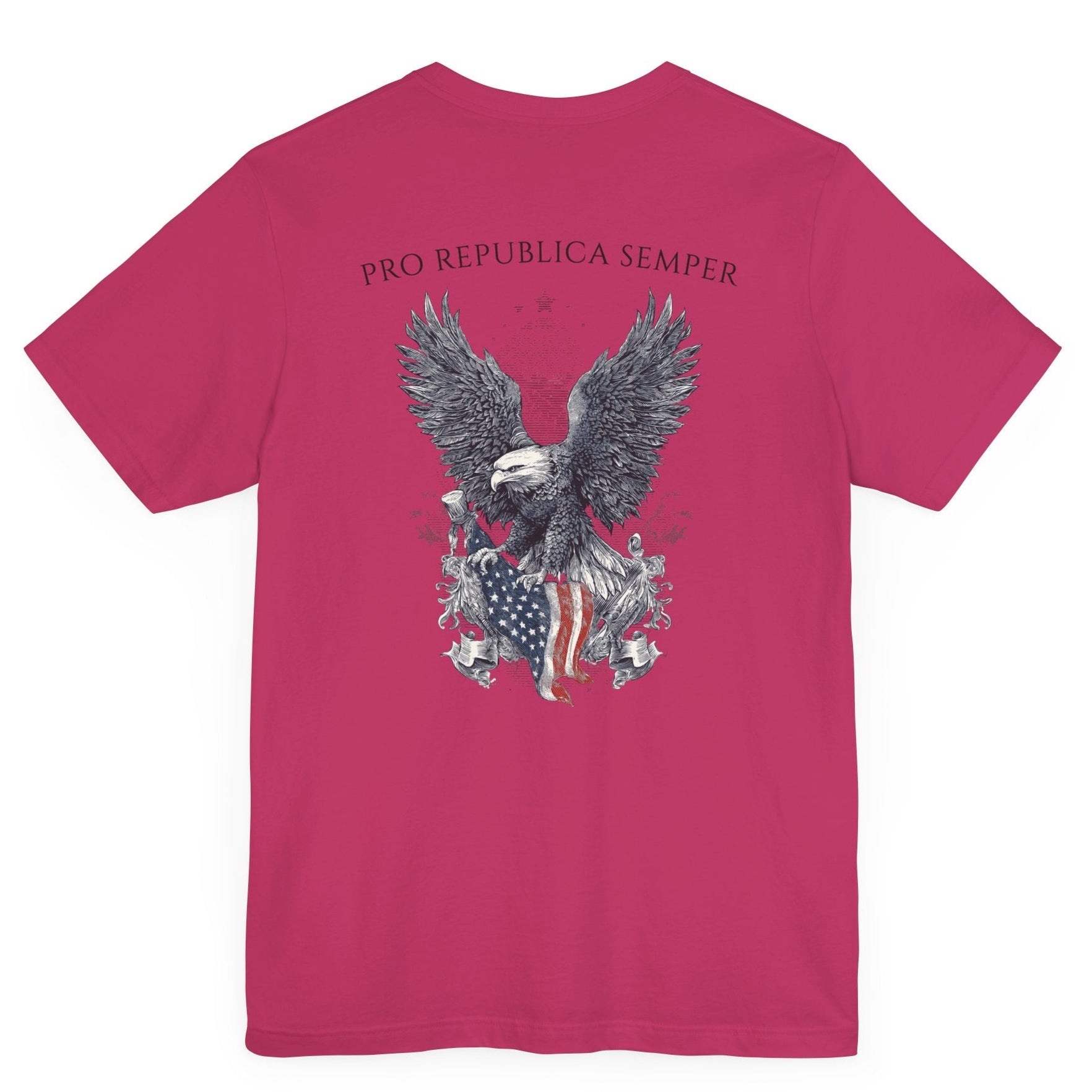 Patriotic Shirts Pro Libertas Semper Flag Eagle Tee, berry color, back side, featuring a bold eagle clutching an American flag with scrollwork on a unisex 100% cotton shirt, ideal for American pride