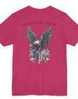 Patriotic Shirts Pro Libertas Semper Flag Eagle Tee, berry color, back side, featuring a bold eagle clutching an American flag with scrollwork on a unisex 100% cotton shirt, ideal for American pride