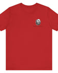 front view of a red colored fabric shirt with americantees.us logo on front and a Gadsden flag on the back
