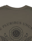 rear view closeup of a army green colored fabric patriotic shirt with an americantees.us logo on front and the great seal of the united states on the back