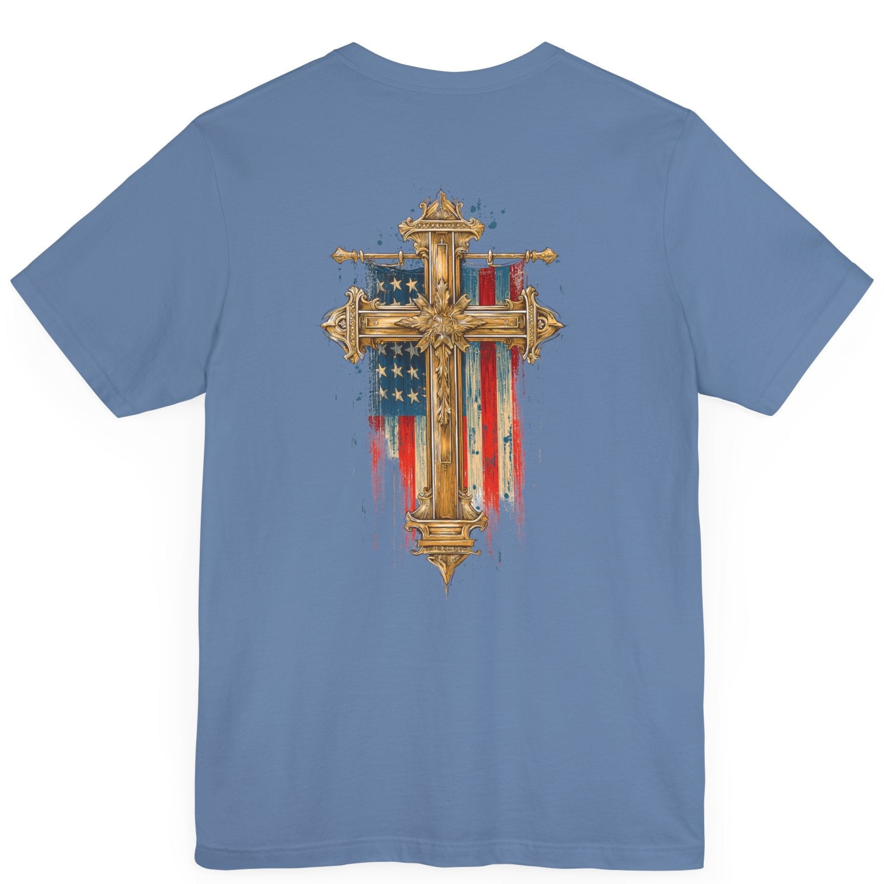 Cross of Faith Patriotic Shirt with Cross Flag Design, American Flag, lavender blue colored shirt, rear view