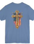 Cross of Faith Patriotic Shirt with Cross Flag Design, American Flag, lavender blue colored shirt, rear view
